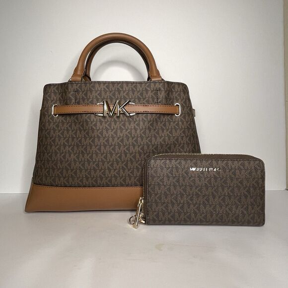 Michael Kors Reed Large Belted Satchel Bag Purse Brown MK Signature + Wallet - Picture 1 of 7